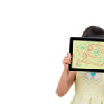 Child student holding tablet in front of face