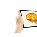 tablet with a 3D brain illuminated at the core