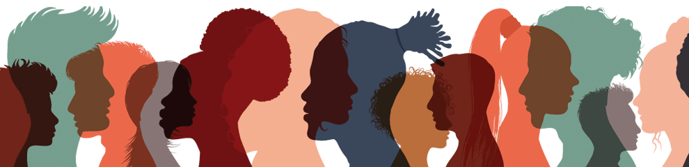 translucent head silhouettes of different races overlapping each other