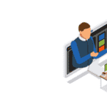 illustration of teacher coming through computer monitor to instruct student