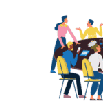 Illustration of a group of colleagues talking at conference table