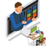 illustration of teacher coming through computer monitor to instruct student