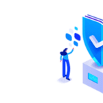 graphic of woman on virtual interface with security shield behind it