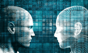 futuristic heads looking at each other