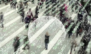 zeroes and ones overlayed on street photo