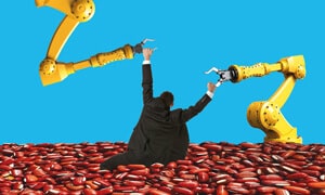 man drowning in coffee beans