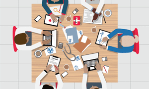 top view graphic of people around a table