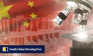 microscope overlayed with chinese flag