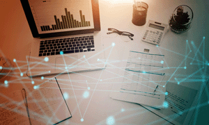 office desk papers with wireframe overlay