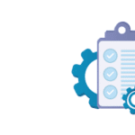 icon of clipboard surrounded by gear cogs