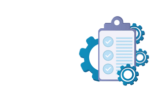 icon of clipboard surrounded by gear cogs